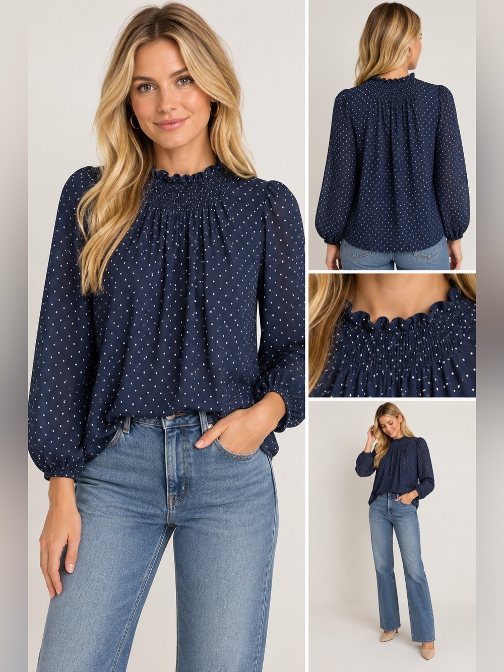 GAP Navy Blue Long-Sleeve Smocked Neck Polka Dot Blouse
